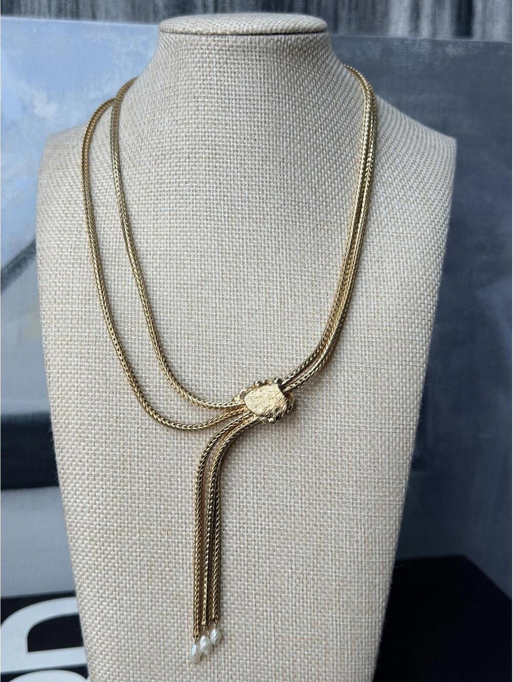 🚫SOLD OUT🚫Vintage 80s Lariat Necklace Freshwater Pearl Tassel Gold - Picture 4 of 9